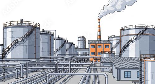 Industrial Factory Complex With Smokestack.