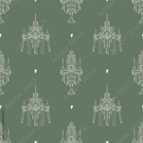 Elegant vintage seamless pattern with hand-drawn candelabras, antique candle-lit chandeliers, and hearts. Beige retro illustrations on a green background. Vector background for holidays, Valentines