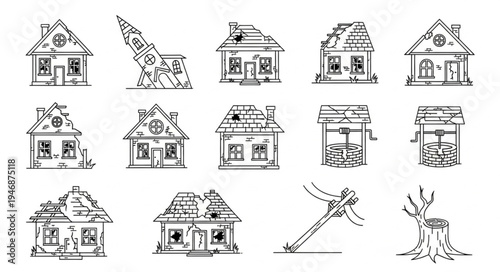 Collection of Damaged Houses and Natural Disaster Elements in Sketch Style.
