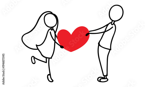 Cuadro en lienzo stick figure couple holding red heart symbol together in love transparent backgr