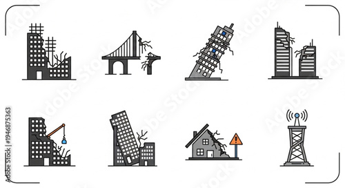 Illustrations of Buildings and Infrastructure Damaged by Natural Disasters.