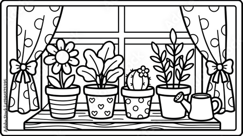 Black and white line art of blooming flower leafy plant cactus in decorated pots on windowsill with tied polka dot curtains indoor gardening scene
