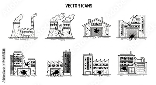 Vector Icons of Damaged Industrial Buildings and Factories.