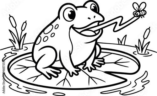 Black and white line art cartoon frog sitting on lily pad catching buzzing insect with long tongue in pond with cattails and water ripples