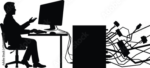 Businesswoman at computer with tangled cables silhouette isolated on white background, technology problem concept, messy wiring and office workstation illustration