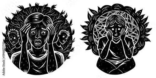 Mental Health Anxiety Concept with Stressed Man Surrounded by Negative Thoughts and Chaos Vector Illustration