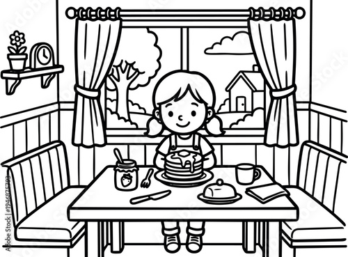 Black and white line art little girl sitting at cozy kitchen table eating stack of pancakes with syrup and jam jar near window with curtains