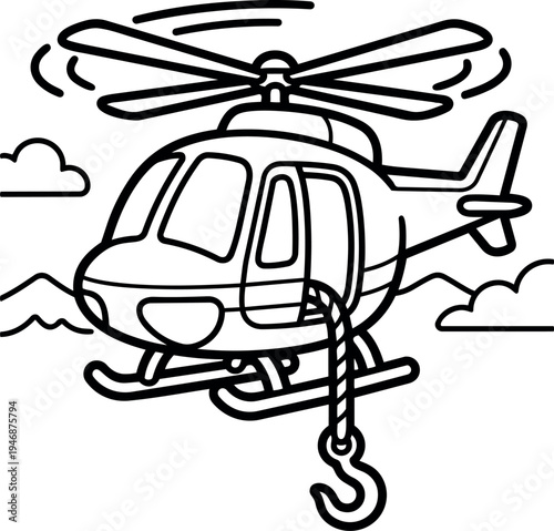 Minimalist black and white line art helicopter with spinning rotor and hook hanging flying in cloudy mountain landscape