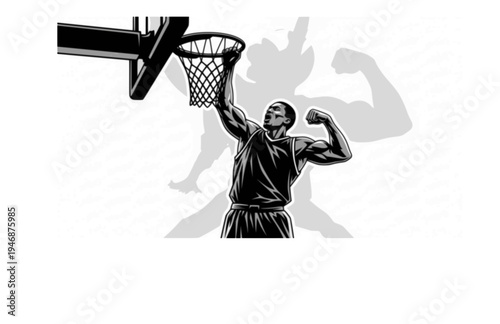 Basketball Player Flexing on Rim After Dunk Silhouette, Powerful Athlete Victory Vector Sticker, NBA Style Post-Dunk Celebration Illustration