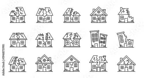 Collection of Damaged Houses in Sketch Style for Disaster Concepts.