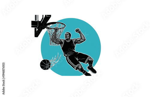 Basketball Player Flexing on Rim After Dunk Silhouette, Powerful Athlete Victory Vector Sticker, NBA Style Post-Dunk Celebration Illustration