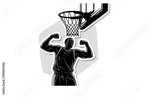 Basketball Player Flexing on Rim After Dunk Silhouette, Powerful Athlete Victory Vector Sticker, NBA Style Post-Dunk Celebration Illustration