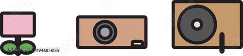 Collection of vector flat design icons a pink flower, a retro camera, and a classic record player