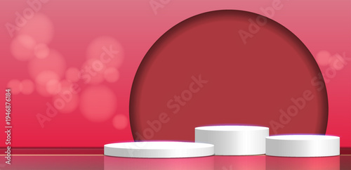 Modern 3D rendering of three white cylinder stages for product presentation. Minimalist composition with a reflective floor, red and pink gradient background, abstract circle, and soft bokeh lights.