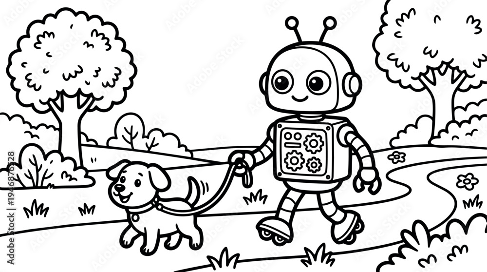 Fototapeta premium Cute robot walking happy dog on leash through park path with trees and flowers smiling friendly cartoon vector art