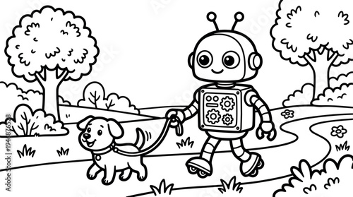 Cute robot walking happy dog on leash through park path with trees and flowers smiling friendly cartoon vector art