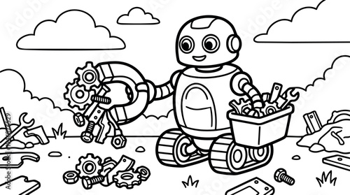 Cute friendly robot collecting mechanical parts with claw arm in outdoor junkyard scene black and white line art