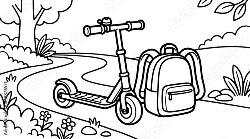 Black and white line art scooter next to backpack on winding park path with trees flowers and bushes