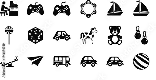 Children toys icons set, kids hobby collection, teddy bear, toy car, sailboat, game controller, piano player, lollipop, tambourine, paper plane, bus, vector.
