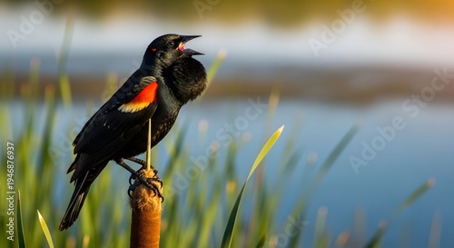 A red-winged blackbird perched on a cattail