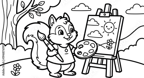 Cute smiling squirrel holding paintbrush and palette painting happy sun flower landscape on easel outdoor black and white line art
