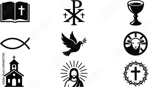 Christian Religious Icons Set Featuring Holy Bible Jesus Christ Ichthys Fish Dove of Peace Chi Rho Symbol Church Building Lamb and Crown Thorns