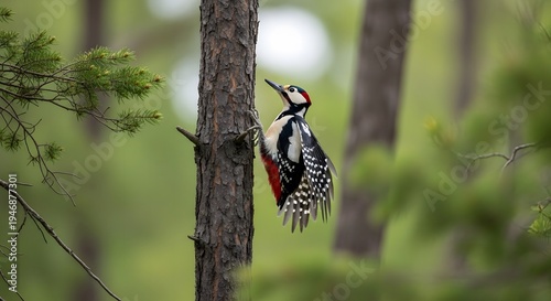 A woodpecker climbing up a tree in the forest