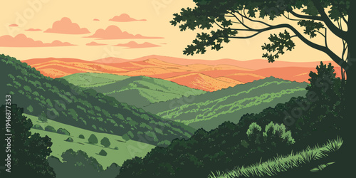 USA, US, U.S, United States - Ozark Mountains rolling forest hills sunset panorama tranquil nature scenery 
