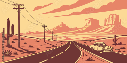 USA, US, U.S, United States - Route 66 endless desert highway sunset panorama vintage Americana road trip scenery
