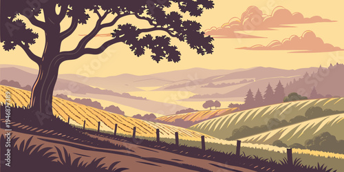 USA, US, U.S, United States - Sonoma Valley scenic vineyards sunrise panorama misty hills landscape
