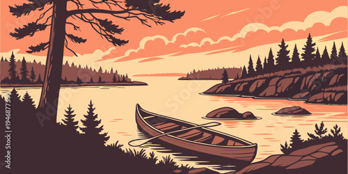 USA, US, U.S, United States - Voyageurs National Park lake islands sunset panorama canoe wilderness scenery
