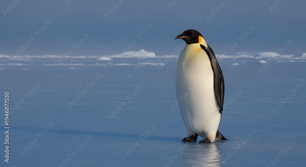 Fototapeta premium A large penguin standing on ice and looking out at the water