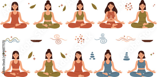 Women meditating in lotus pose yoga collection vector illustration with mindfulness elements, calm female characters practicing relaxation, wellness and spiritual lifestyle concept