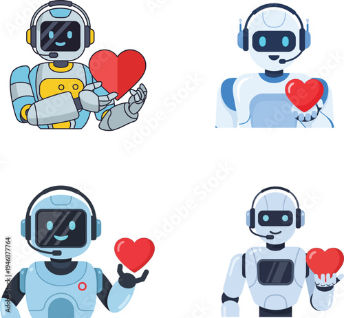 Cute robots holding hearts in various colorful designs and poses