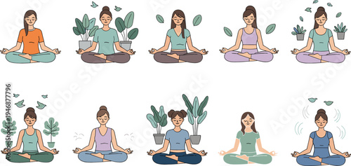 Women practicing yoga and meditation poses collection vector illustration with calm female characters sitting lotus pose, wellness, mindfulness and relaxation lifestyle concept