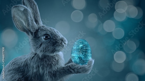 Enchanting easter moments with a bunny and a painted egg. Technology progress. Enchanting details: vibrant easter scene with bunny and egg. Digital intelligence. Ai development.