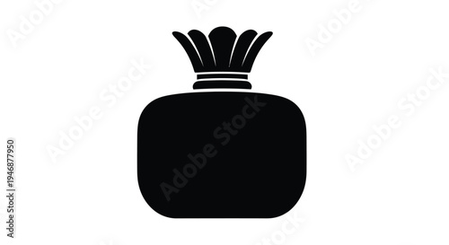 A stylized black silhouette of a perfume bottle with a crown