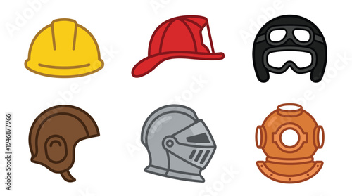 A diverse vector icon set of six helmets representing various professions and historical eras. Includes construction, firefighter, pilot, knight, and diver helmets. Flat design.