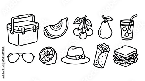 Collection of minimal line art icons for summer and picnic themes, including food, drinks, and accessories. Ideal for web design, apps, or print projects. Clean, simple, and illustrative style.