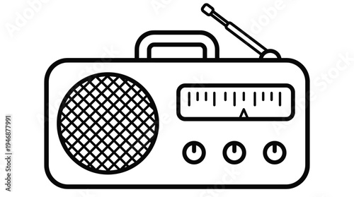 A simple black outline icon of a retro portable radio. This minimalist vector graphic evokes nostalgia, suitable for music, news, or communication themes.