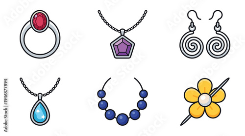 A colorful vector set of jewelry and accessory icons. Includes a ring, necklaces, earrings, and hairpin. Modern flat design for games, apps, websites, and fashion projects.
