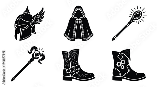 Set of fantasy role playing game gear. Black vector icons of a winged helmet, magic cloak, wizard staves, and adventurer boots for fantasy, gaming, or steampunk concepts.