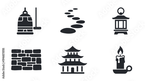 A set of Japanese zen garden and spiritual icons. Includes temple bell, pagoda, and lantern. Perfect for wellness, spa, or travel themes. Minimalist vector illustration.