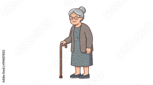 A kind elderly woman with grey hair and glasses smiling gently. This charming grandmother with a walking cane is perfect for healthcare, family, or retirement concepts.