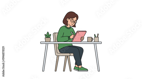A focused young woman in glasses sits at a desk, drawing on a digital tablet. Concept for creative work, studying, freelancing, or online education.