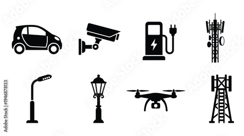 A set of black vector icons representing smart city infrastructure and technology. Includes electric car, CCTV, charging station, drone, and cell towers for modern urban concepts.