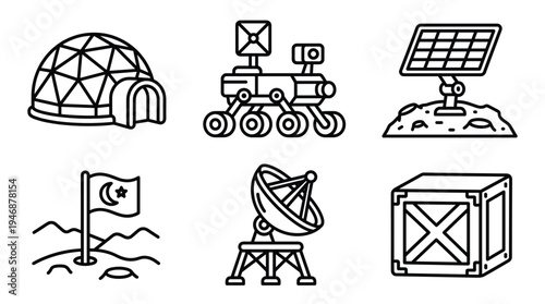 A collection of six black line icons for space exploration and colonization. Includes a rover, dome, solar panel, and antenna. Perfect for futuristic and science-themed projects.