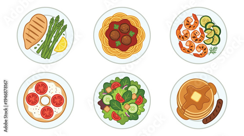 A vibrant vector collection of six diverse flat lay meals, including healthy options and comfort food. Perfect for menus, diet plans, and food-related designs.