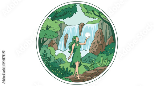 An enchanting illustration of a nature goddess or elf in a lush forest by a waterfall. This magical, peaceful scene is ideal for fantasy, wellness, or eco concepts.