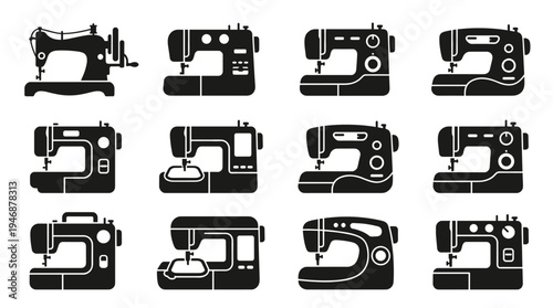 Set of black sewing machine icons. Features vintage and modern models for tailoring and craft. A collection for hobby, fashion, or haberdashery design.